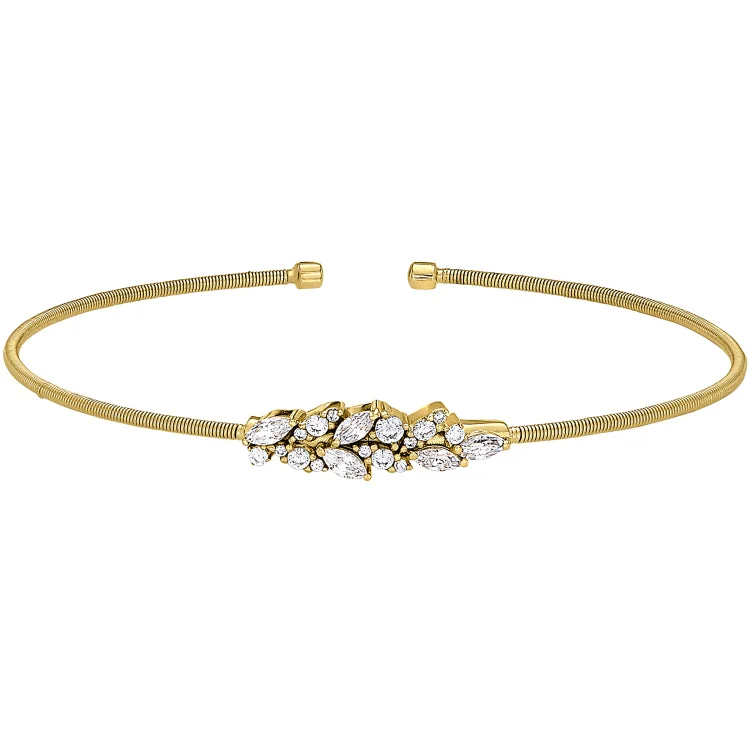 Stackable Bangles Bracelets-Gold Finish Sterling Silver Cable Cuff Bracelet with Simulated Diamond Leaf Pattern