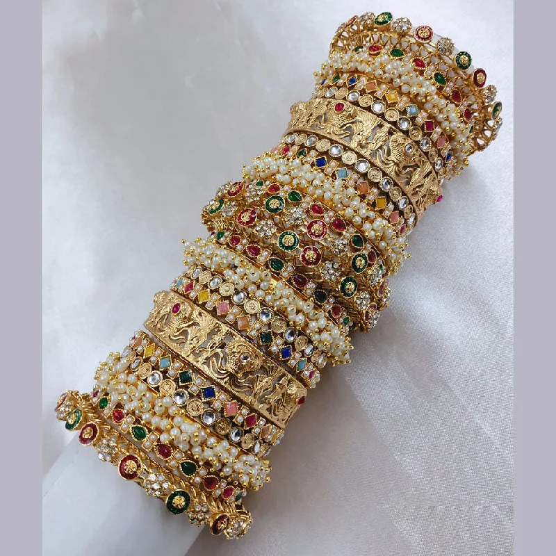 Enamel Bangles With Vibrant Colors-SNERA Gold Plated Pota Stone And Pearls Bangle Set