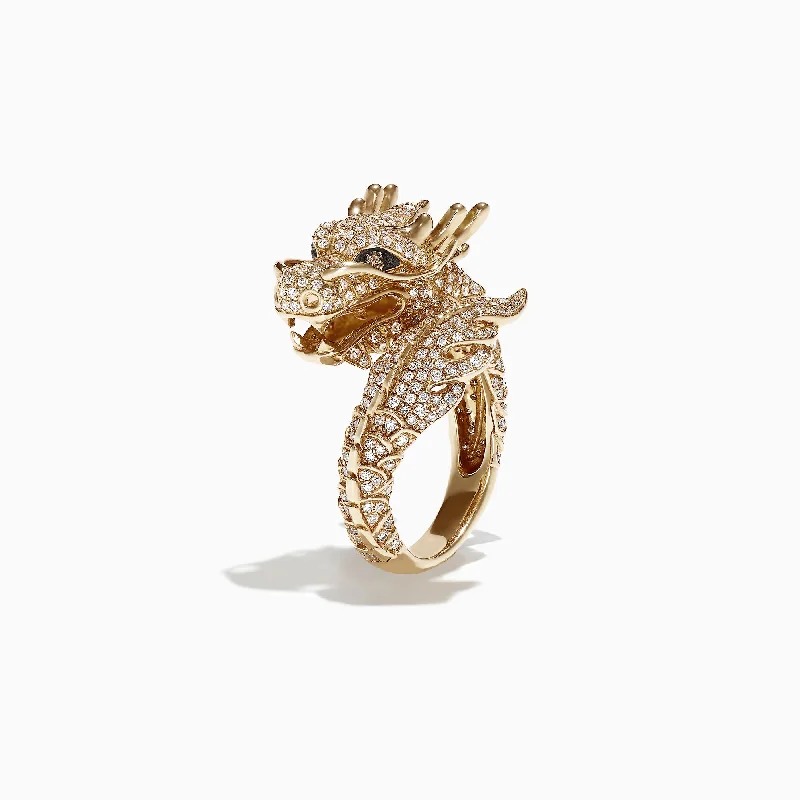 Wedding Rings With Round Cut Diamonds-Safari 14K Yellow Gold Diamond Dragon Ring, 1.42 TCW