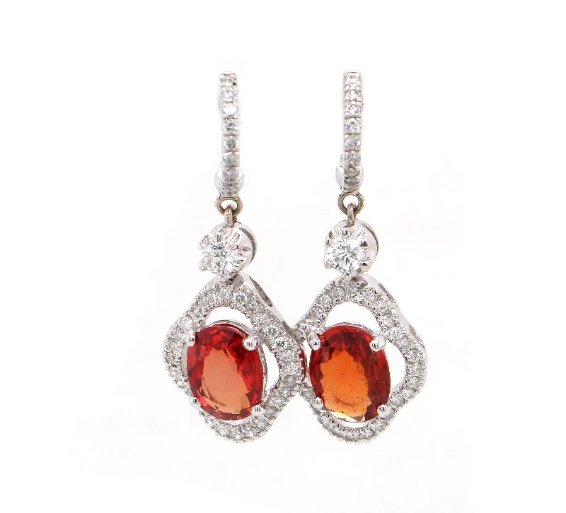 Handmade Gemstone Necklaces For Birthdays -Diamond Drop Earrings-3.00ctw Orange Sapphire and 0.42ctw Diamond Frame Drop Earrings in 18K