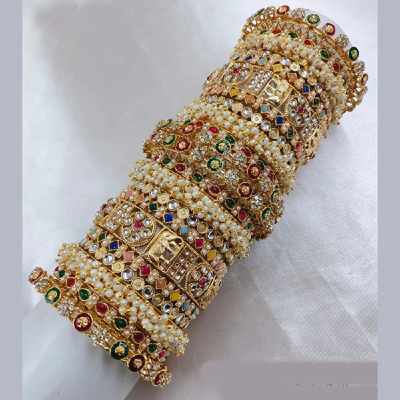 Diamond Studded Bangles-SNERA Gold Plated Pota Stone And Pearls Bangle Set