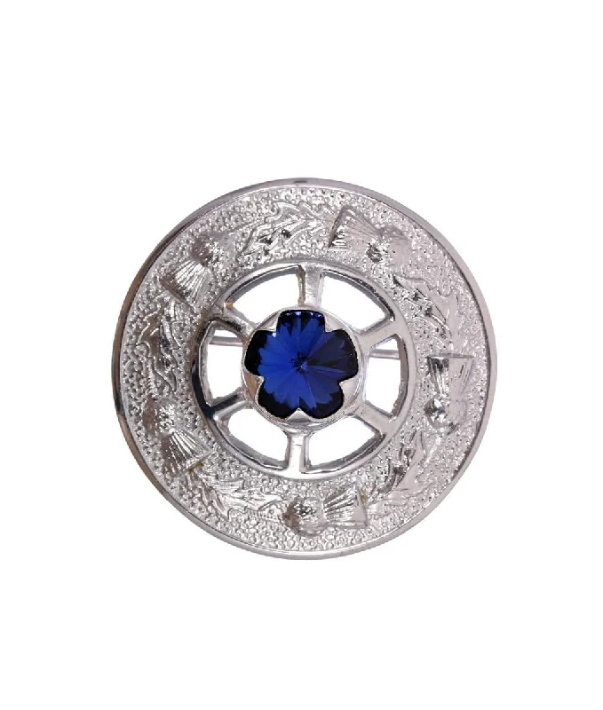 Brooch with Pearls-Miniature Thistle Design and Blue Stone Brooch - Chrome Finish