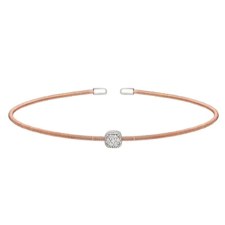 Beaded Metal Bracelets-Rose Gold Finish Sterling Silver Single Cable Cuff Bracelet with Rhodium Finish Simulated Diamonds