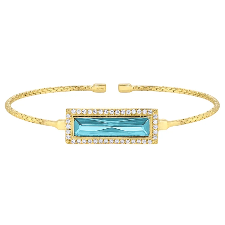 Handcrafted Gemstone Bracelets-Gold Finish Sterling Silver Cable Cuff Bracelet with Rectangular Simulated Aquamarine Stone and Simulated Diamonds