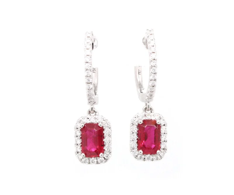 Unique Gemstone Pendants For Statement Jewelry -Birthstone Hoop Earrings-New 1.18ctw Emerald Cut Ruby and 0.33ctw Diamond Frame Drop Earrings in 14K