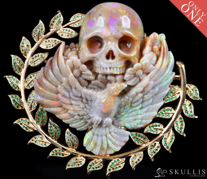 Handcrafted Brooch-Gem Skull Brooch of Australian Opal Carved Skull with Dove & Flowers in 18K Gold inlaid Tsavorite - IW0000627