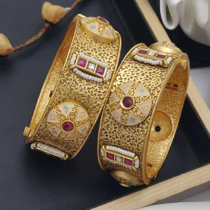 Lightweight Gold Bangles For Comfort-Akruti Collection Gold Plated Pota Stone And Meenakari Openable Bangles Set