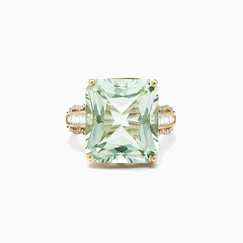 Custom Wedding Rings With Square Diamonds-14K Yellow Gold Green Amethyst and Diamond Cocktail Ring, 16.35 TCW