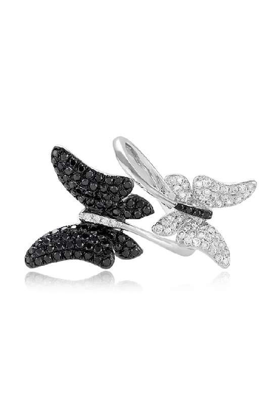 Custom Rings With Classic Designs-Nature 14K White Gold Black and White Diamond Butterfly Ring, 1.15 TCW