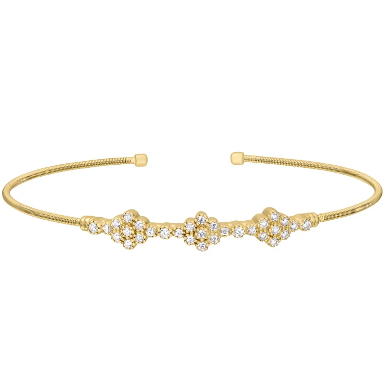 Simple Silver Bangles-Gold Finish Sterling Silver Cable Cuff Bracelet with Three Clusters of Simulated Diamonds