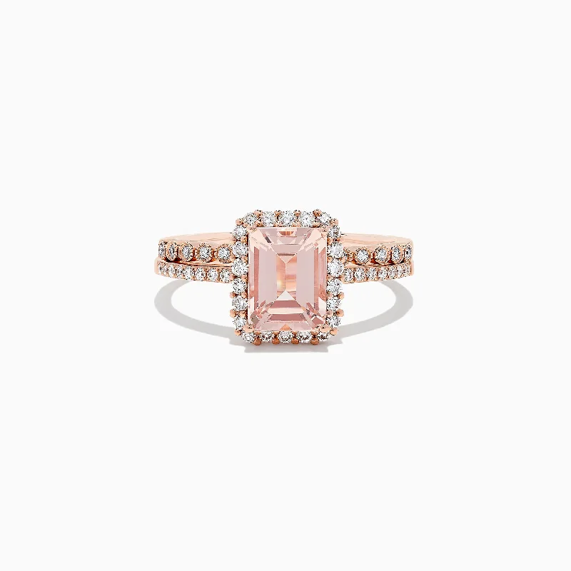 Silver Wedding Rings For Engagement-Blush 14K Rose Gold Morganite and Diamond Ring Set, 1.53 TCW