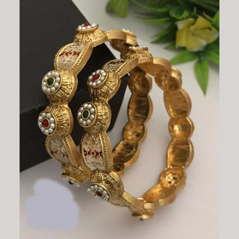 Adjustable Leather Bangles For Comfortable Wear-FS Collections Gold Plated Pota Stone And Pearls Meenakari Bangles Set