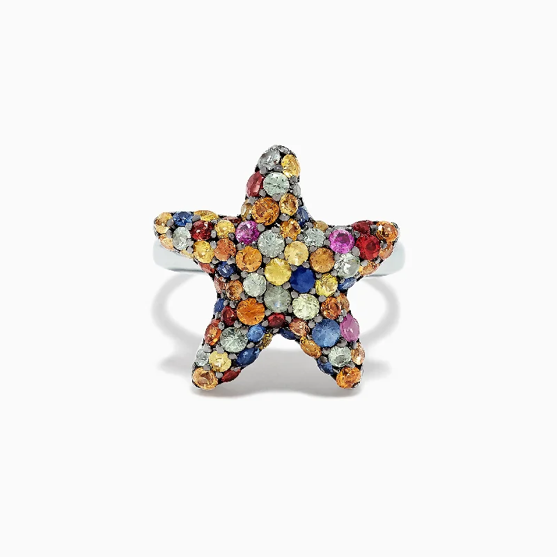 Classic Gold Engagement Rings For Her-925 Sterling Silver Multi Sapphire Splash Starfish Ring, 2.90 TCW