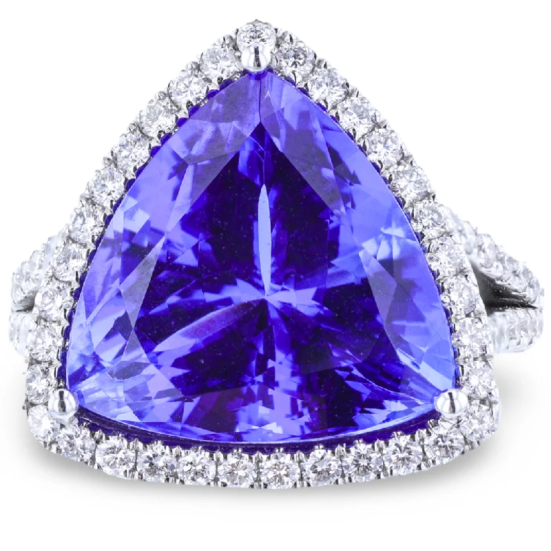 Women's Wedding Rings With Sapphire Stones-JULEVE 18KT WHITE GOLD 13.58CT TANZANITE & 1.69CTW DIAMOND HALO RING