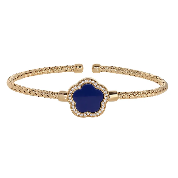 Handcrafted Cuff Bracelets-Gold Finish Sterling Silver Basketweave Cable Cuff  Bracelet with a Flower Shaped Navy Stone and Simulated Diamonds