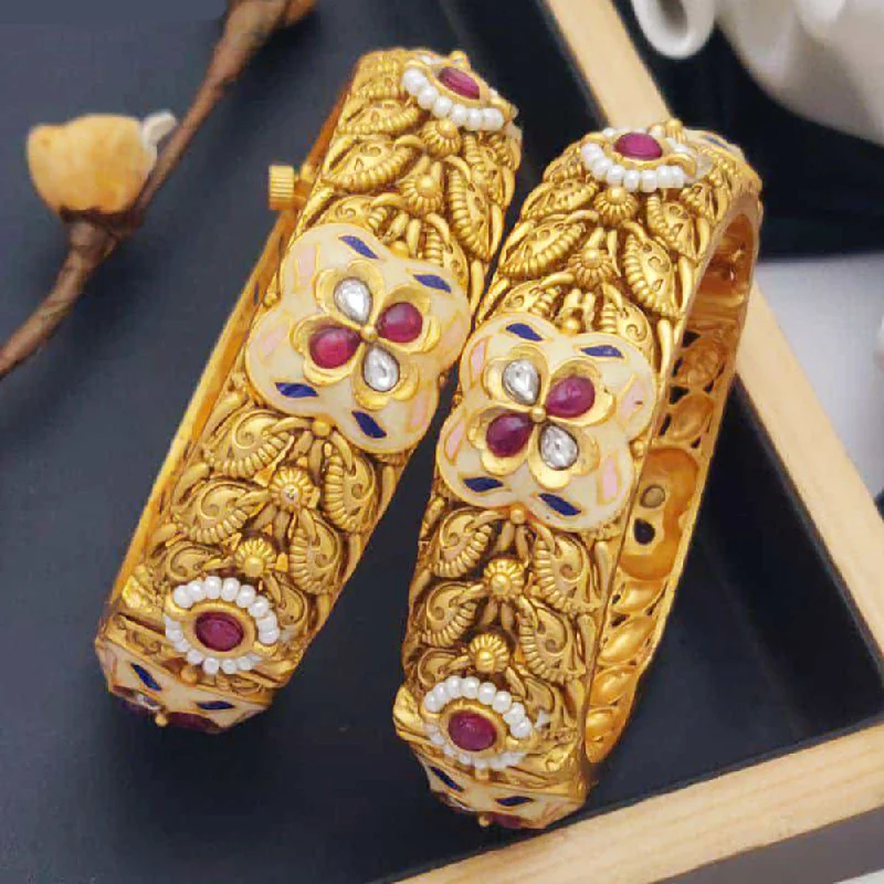 Gold Link Bangles For Fashion Appeal-Akruti Collection Gold Plated Pota Stone And Meenakari Openable Bangles Set