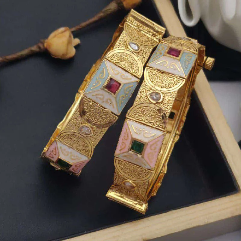 Stackable Gold Bangles For Layered Fashion-Akruti Collection Gold Plated Pota Stone And Meenakari Openable Bangles Set