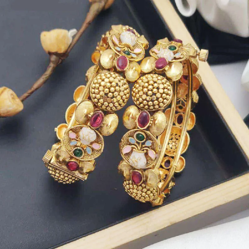 Luxury Enamel Bangles For Stylish Wear-Akruti Collection Gold Plated Pota Stone And Meenakari Openable Bangles Set