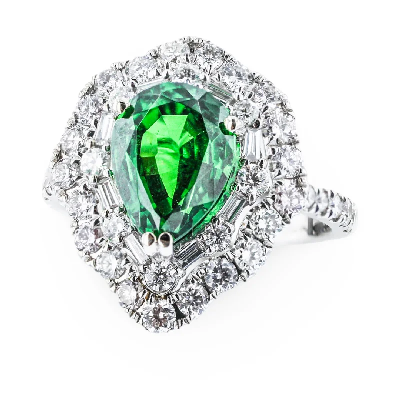 Vintage Custom Rings For Engagement-JULEVE 14KT WHITE GOLD 2.62CT TSAVORITE & 1.21CTW SCALLOPED DIAMOND HALO RING