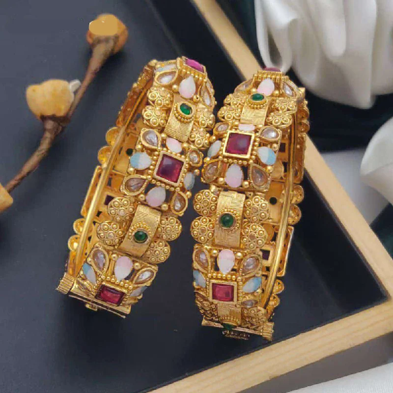 Traditional Glass Bangles For Cultural Wear-Akruti Collection Gold Plated Pota Stone And Meenakari Openable Bangles Set