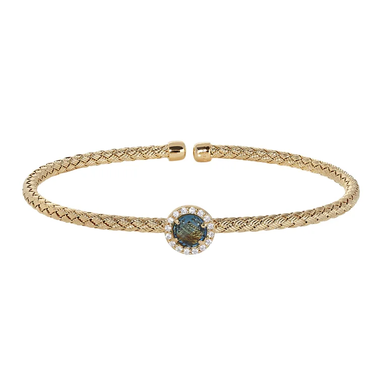 Bohemian Bead Bracelets-Gold Finish Sterling Silver Basketweave Cable Cuff  Bracelet with a Round Blue Stone and Simulated Diamonds