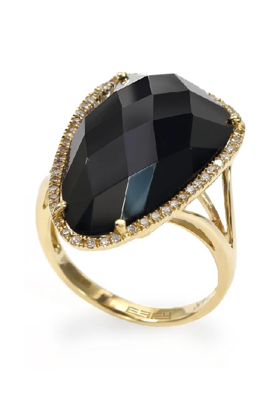 Wedding Rings With Custom Diamond Shapes-Eclipse 14K Yellow Gold Onyx and Diamond Ring, 11.50 TCW