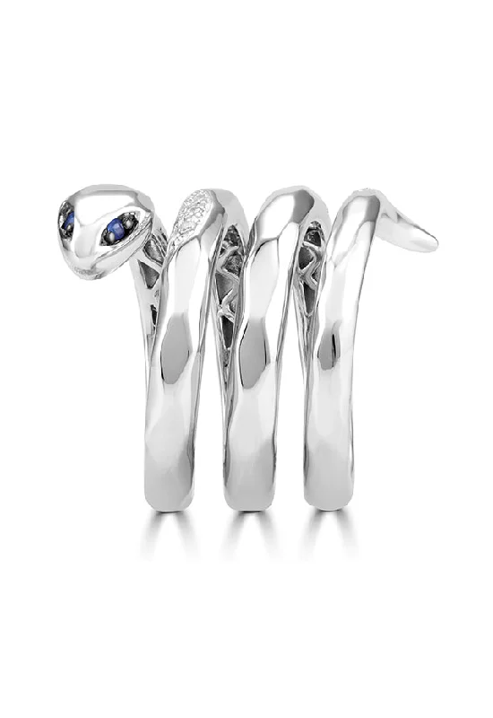 Silver Rings With Blue Stones-925 Sterling Silver Diamond and Sapphire Snake Ring, 0.12 TCW