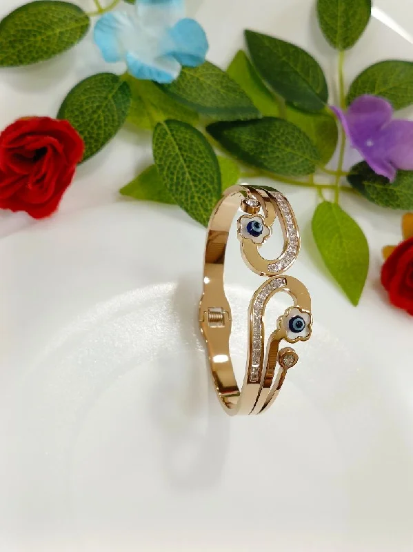 Gold Bangles With Diamond Accents-Tarohi Jewels Stainless Steel Rosegold Plated Baguette Evil Eye on Flower Fancy Kada- STKD 4256