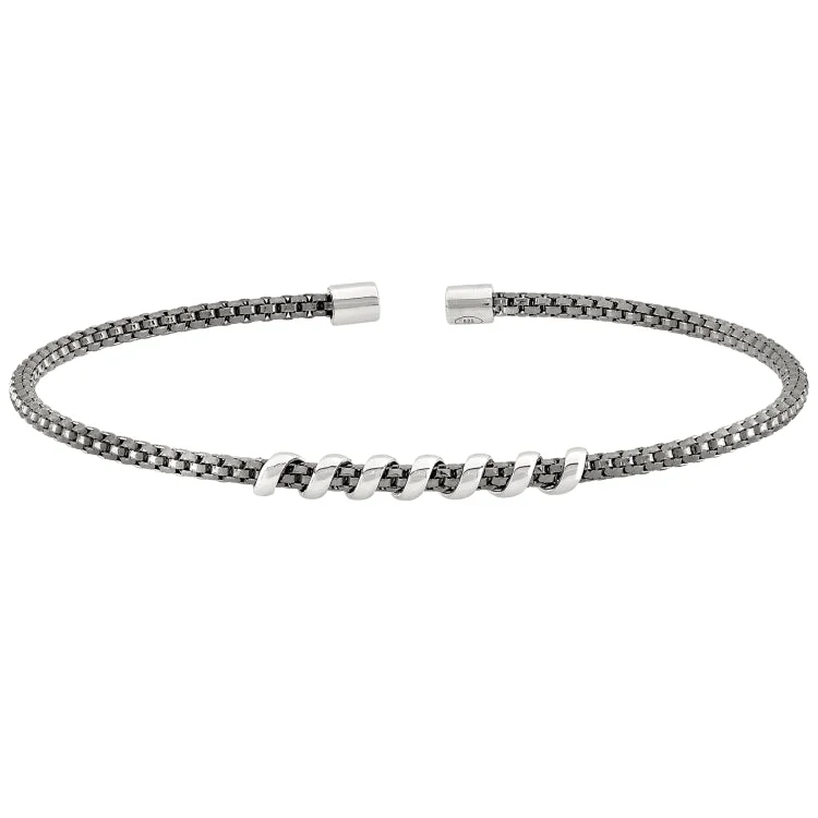 Beaded Stretch Bracelets For Women-Black Rhodium Finish Sterling Silver Rounded Box Link Cuff Bracelet with Rhodium Finish Coil Wrap in the Center