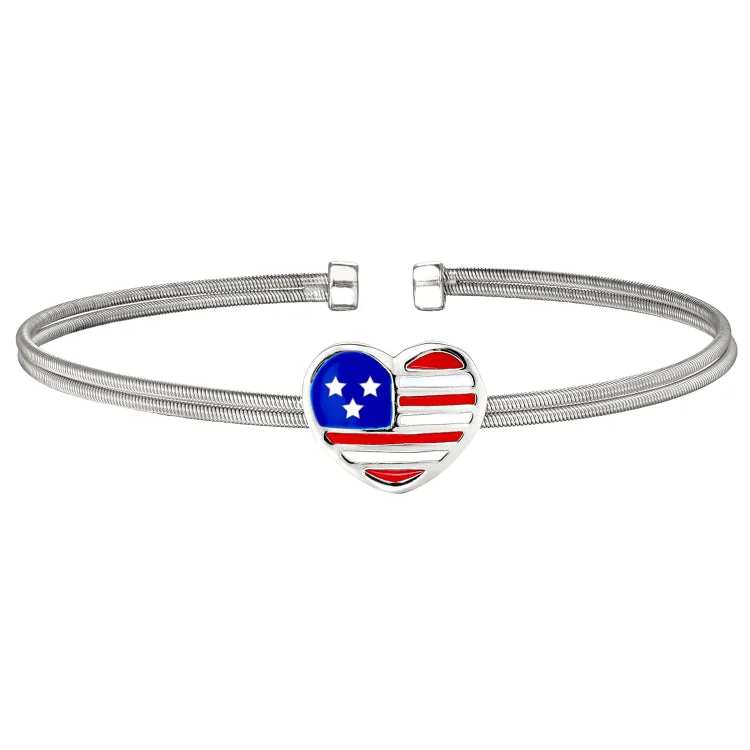 Custom Nameplate Bracelets-Rhodium Finish Sterling Silver Two Cable Cuff Bracelet with a Centeral Heart with an American Flag..