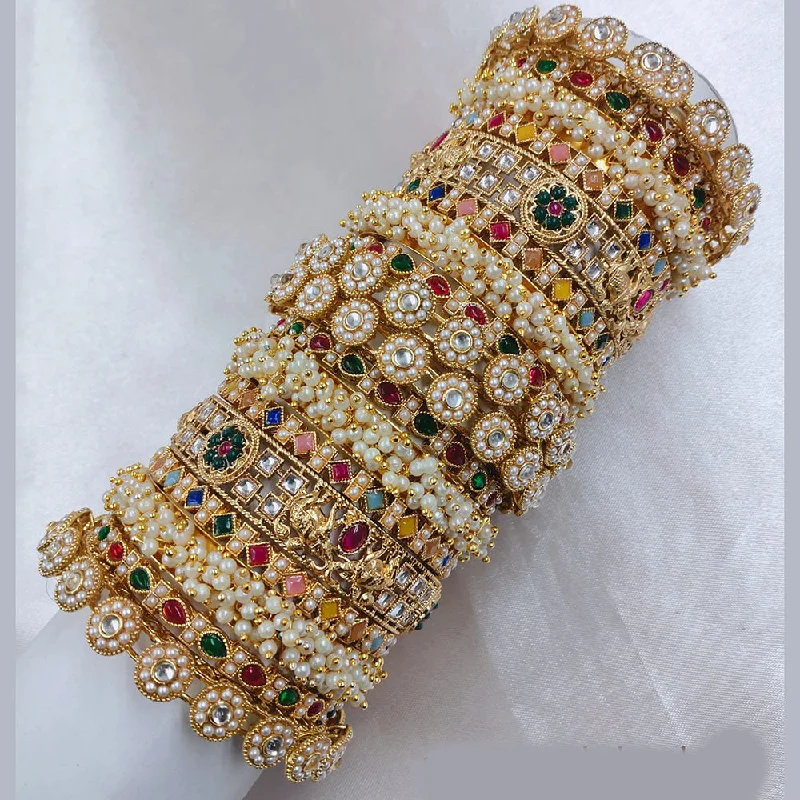 Delicate Bangles For Elegant Looks-SNERA Gold Plated Pota Stone And Pearls Bangle Set