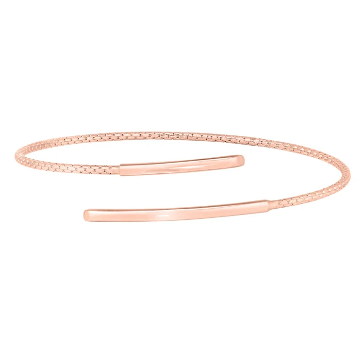 Custom Engraved Cuff Bracelets-Rose Gold Finish Sterling Silver Corean Cable Cuff Bracelet with a Polished Bar on Each End.