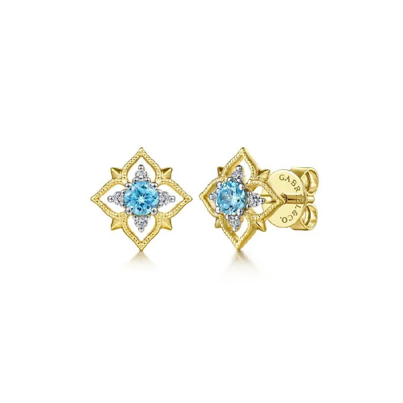 Luxury Necklaces For Corporate Gifts -Topaz Earrings-Gabriel & Co. - EG14415Y45BT - 14K Yellow Gold Floral Swiss Blue Topaz and Diamond Stud Earrings