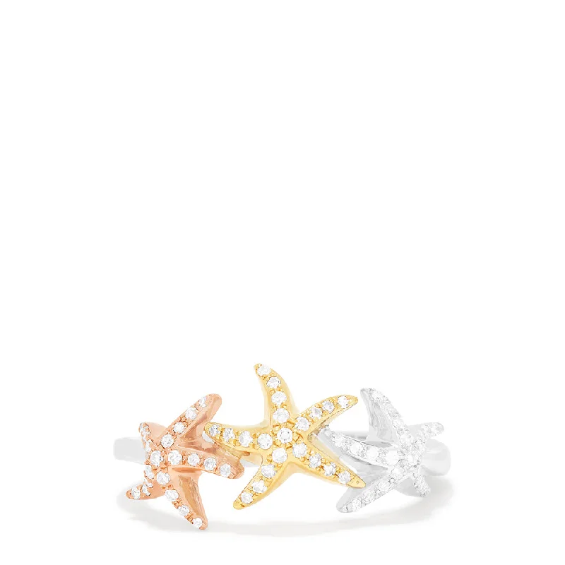 Custom Rings For Weddings-Seaside 14K Tri Color Gold Diamond Starfish Ring, 0.23 TCW