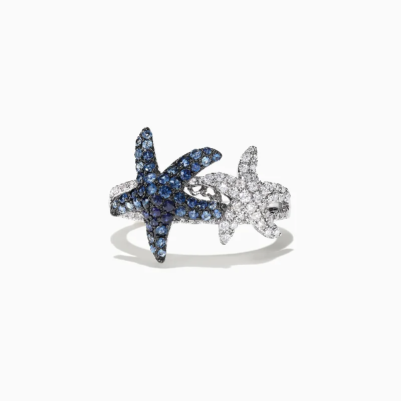 Custom Wedding Rings With Platinum-Seaside 14K White Gold Blue Sapphire & Diamond Starfish Ring, 0.87 TCW