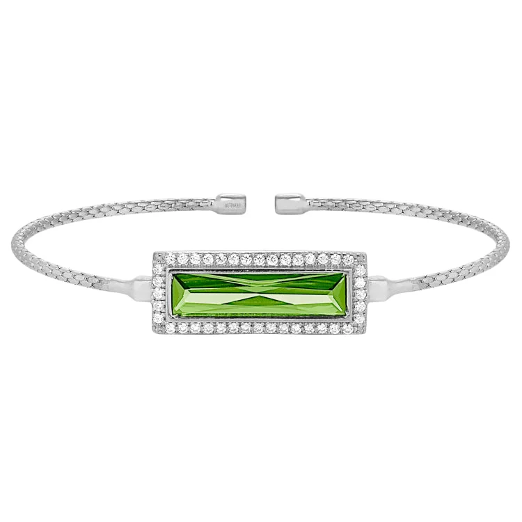 Luxury Sterling Silver Bracelets-Rhodium Finish Sterling Silver Cable Cuff Bracelet with Rectangular Simulated Peridot Stone and Simulated Diamonds