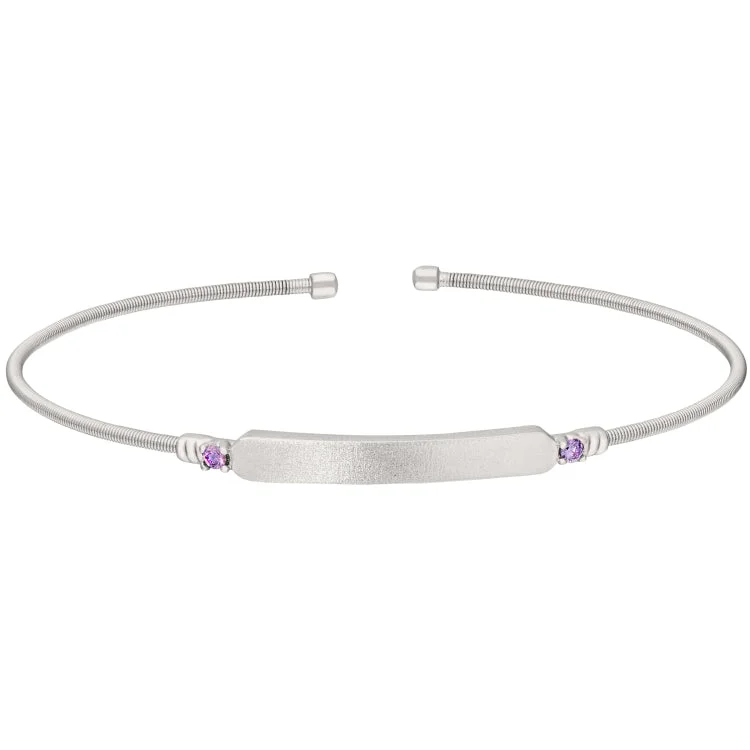 Custom Men’s Bracelets-Rhodium Finish Sterling Silver Cable Cuff Bracelet with Name Plate and Simulated Amethyst Birth Gems - February