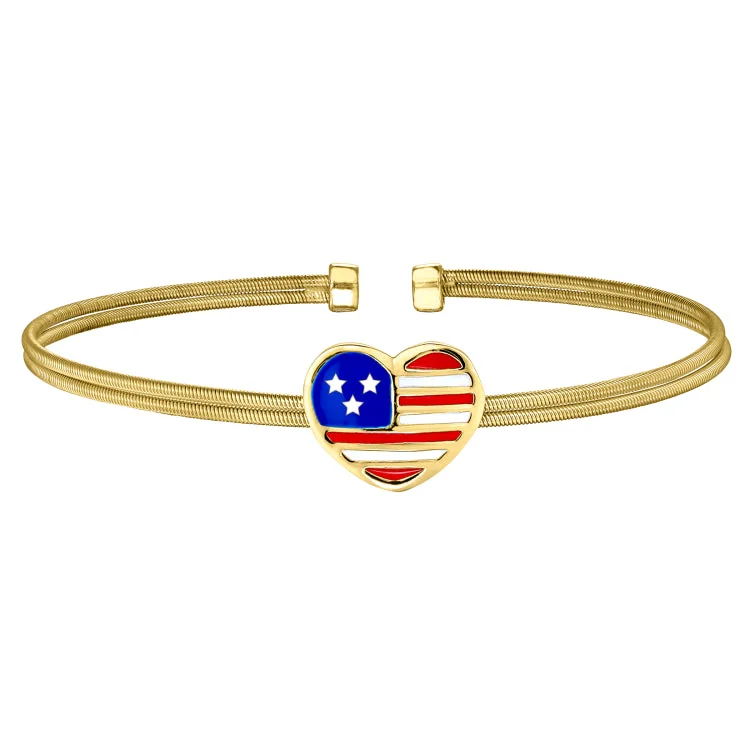 High-End Designer Bracelets-Gold Finish Sterling Silver Two Cable Cuff Bracelet with a Centeral Heart with an American Flag..