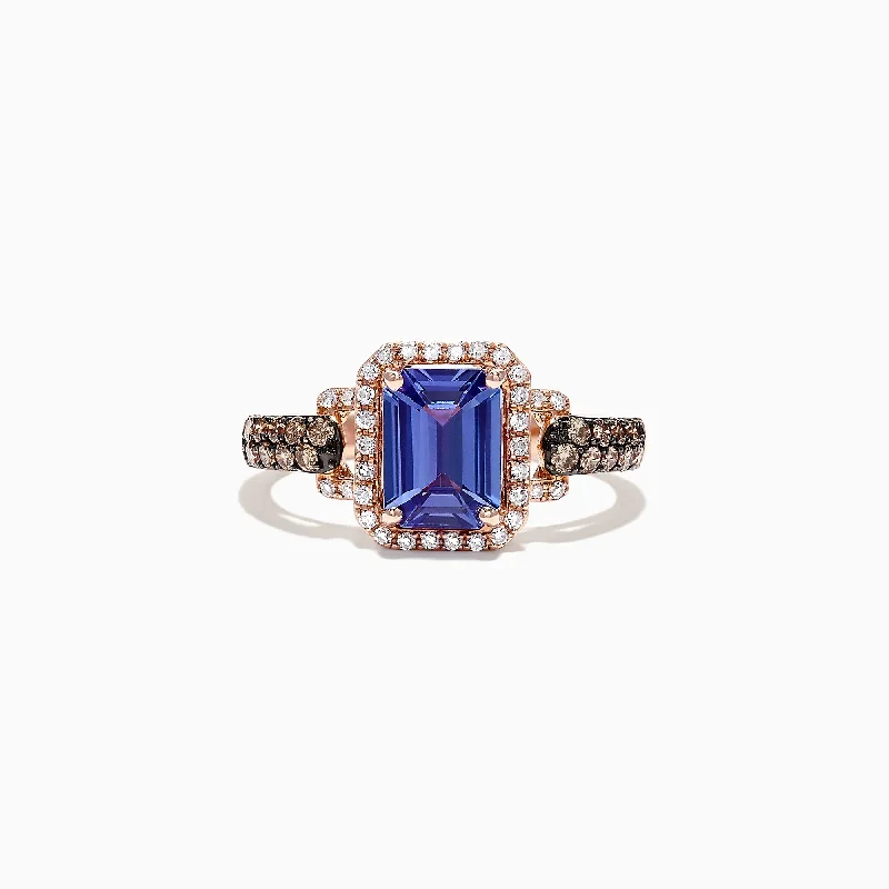 Engagement Rings With Custom Designs-Nahla Siri 14K Rose Gold Emerald Cut Tanzanite and Diamond Ring, 1.72 TCW