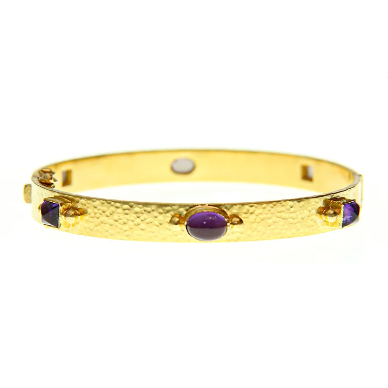 Men’s Leather Bracelet With Charms-Flat Ribbon Amethyst "Roberta" Bangle