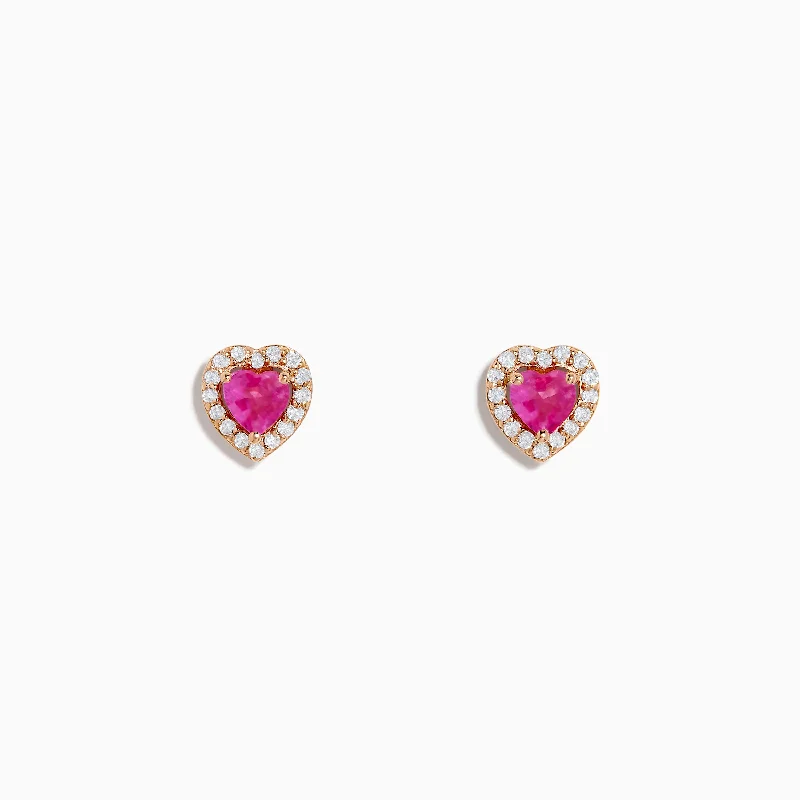 Handmade Gemstone Necklaces For Style -Sterling Silver Earrings-Novelty 14K Rose Gold Pink Sapphire and Diamond Heart Earrings