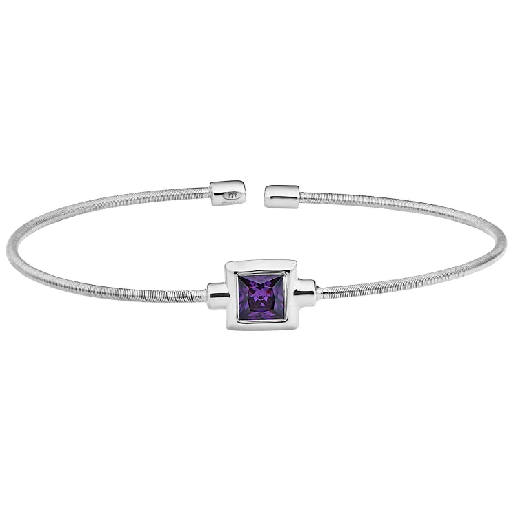 Elegant Diamond Cuff Bracelets-Rhodium Finish Sterling Silver Cable Cuff Bracelet with Princess Cut Simulated Amethyst Birth Gem