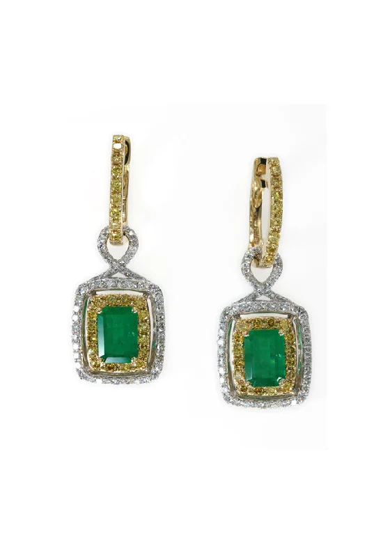 Long Necklaces For Fashion Statement -Double Dangle Earrings-14K 2-Tone Gold Emerald, Yellow and White Diamond Earrings, 2.90 TCW