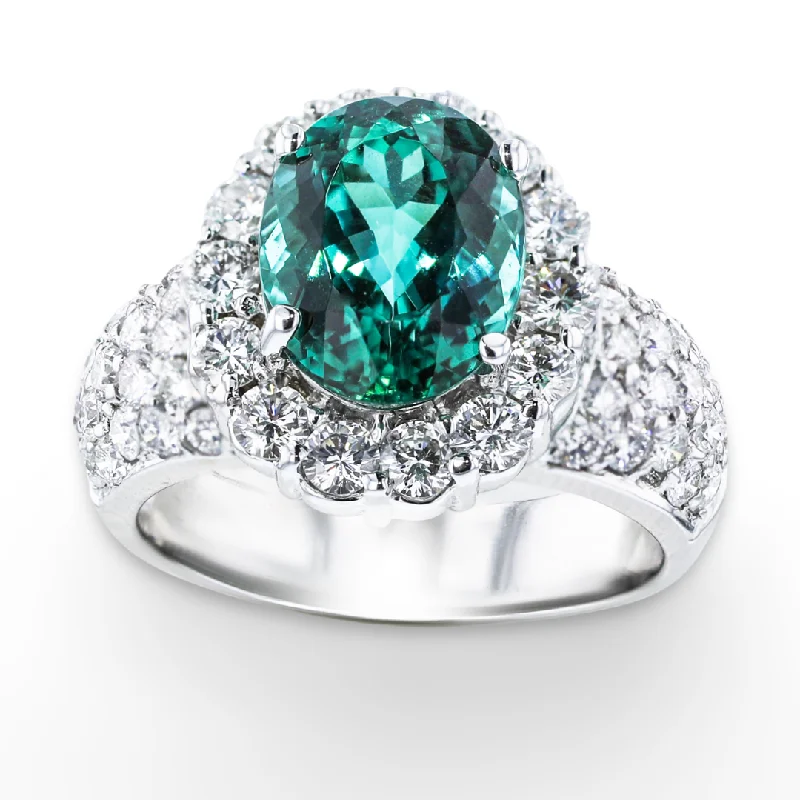 Luxury Custom Wedding Rings-JULEVE 18KT WHITE GOLD 3.90CT BLUE-GREEN TOURMALINE & 1.84CTW DIAMOND RING