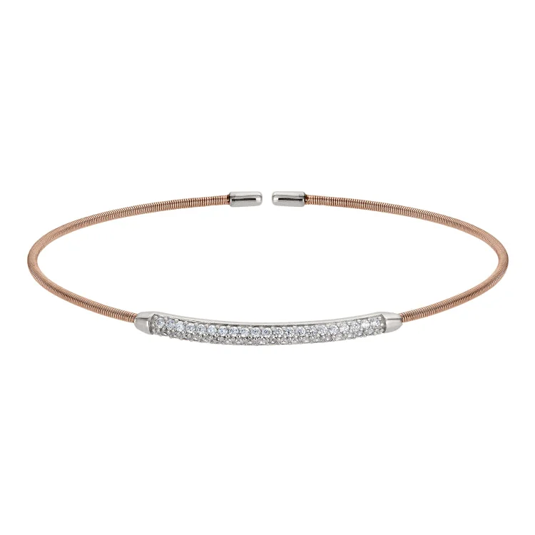 Shiny Crystal Bracelets-Rose Gold Finish Sterling Silver Single Cable Cuff Bracelet with Rhodium Finish Double Row Simulated Diamonds