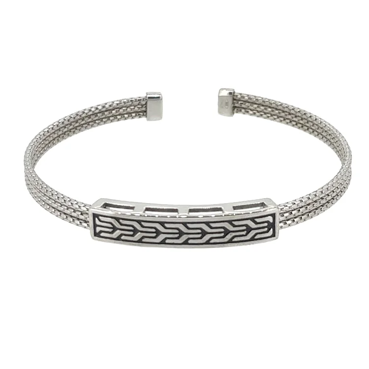 Personalized Engraved Bracelets For Women-Rhodium Finished Sterling Silver Multi Cable Cuff Bracelet with Rhodium and Black Polished Celtic Central Plate