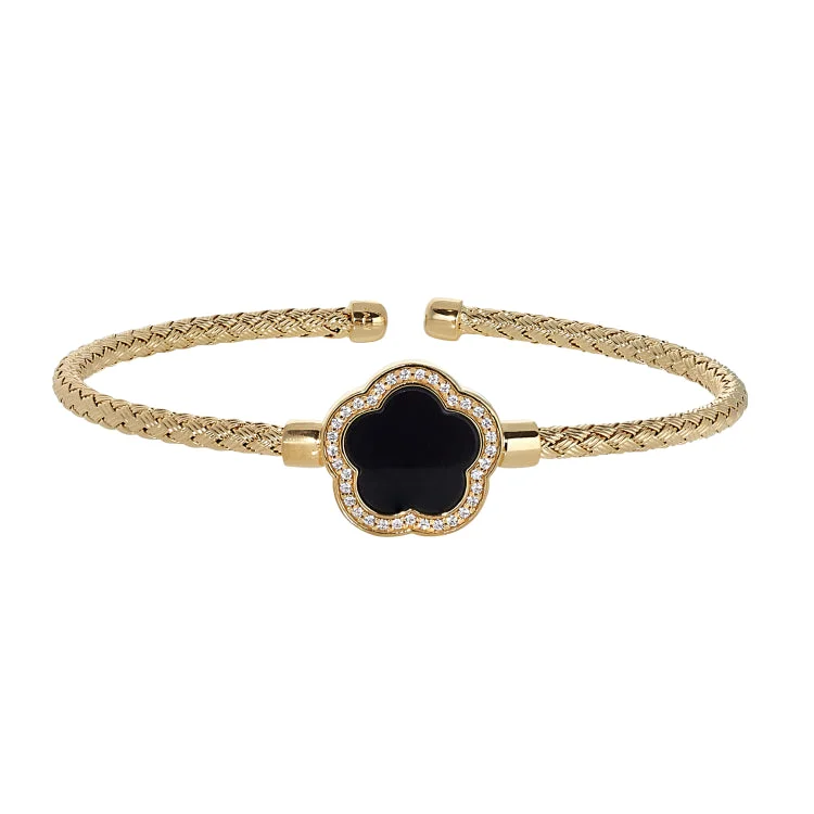 Customizable Tennis Bracelets-Gold Finish Sterling Silver Basketweave Cable Cuff  Bracelet with a Flower Shaped Onyx Stone and Simulated Diamonds