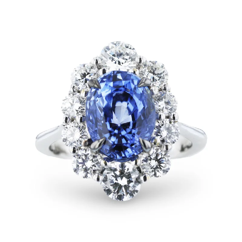 Custom Rings With Colored Diamonds-JULEVE 18KT WHITE GOLD 4.06CT SAPPHIRE & 1.60CTW DIAMOND HALO RING