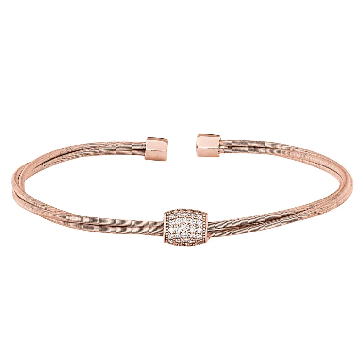 Beaded And Stone Bracelets-Rose Gold Finish Sterling Silver Three Cable Cuff Bracelet with Five Row Simulated Diamond Barre