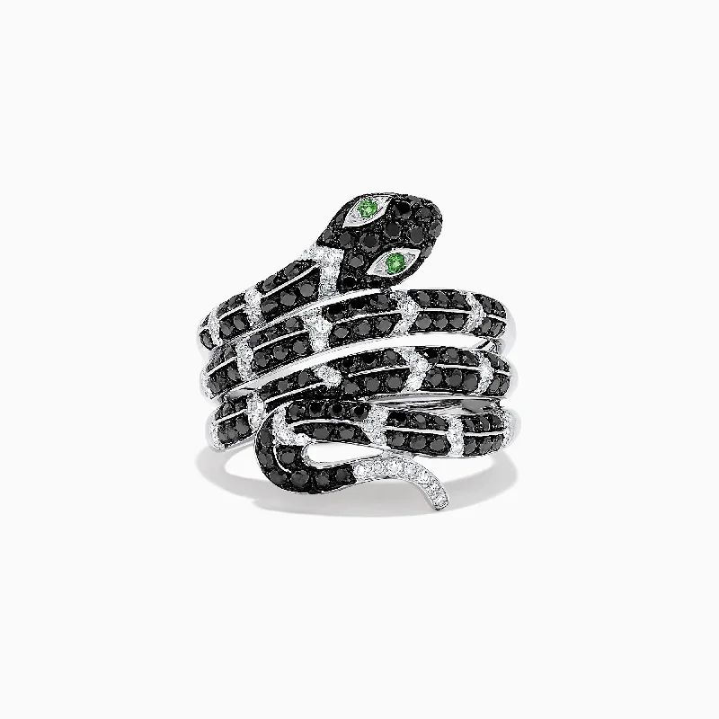 Wedding Rings With Designer Sapphires-Safari 14K White Gold Diamond & Emerald Snake Ring, 1.06 TCW